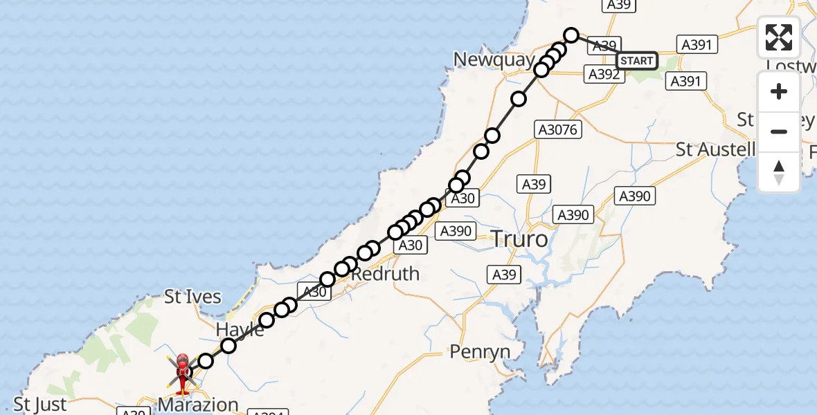 Flight route Air Ambulance Helicopter St. Columb Major - Ludgvan, 20 October 2026, 09:51