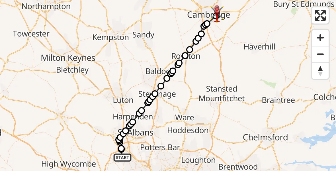 Flight route Air Ambulance Helicopter Watford - Cambridge City Airport, 20 October 2026, 10:10
