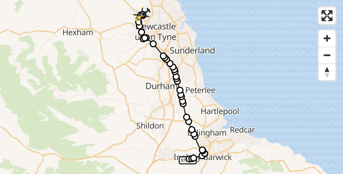 Flight route Police Helicopter Teesside International Airport - Newcastle International Airport, 20 October 2026, 10:16