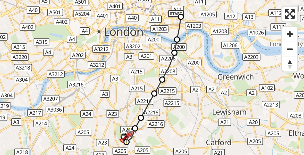 Flight route Air Ambulance Helicopter Royal London Hospital - Herne Hill, 20 October 2026, 10:21