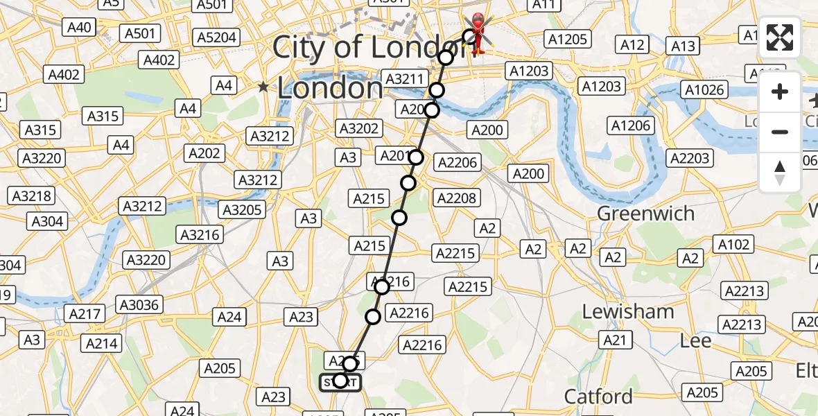 Flight route Air Ambulance Helicopter Tulse Hill - Royal London Hospital, 20 October 2026, 10:49