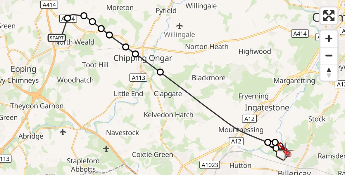 Flight route Air Ambulance Helicopter North Weald Airfield - Billericay, 20 October 2026, 10:51
