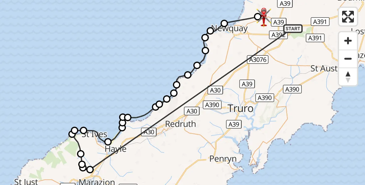 Flight route Air Ambulance Helicopter St. Columb Major - Cornwall Airport Newquay, 20 October 2026, 11:01