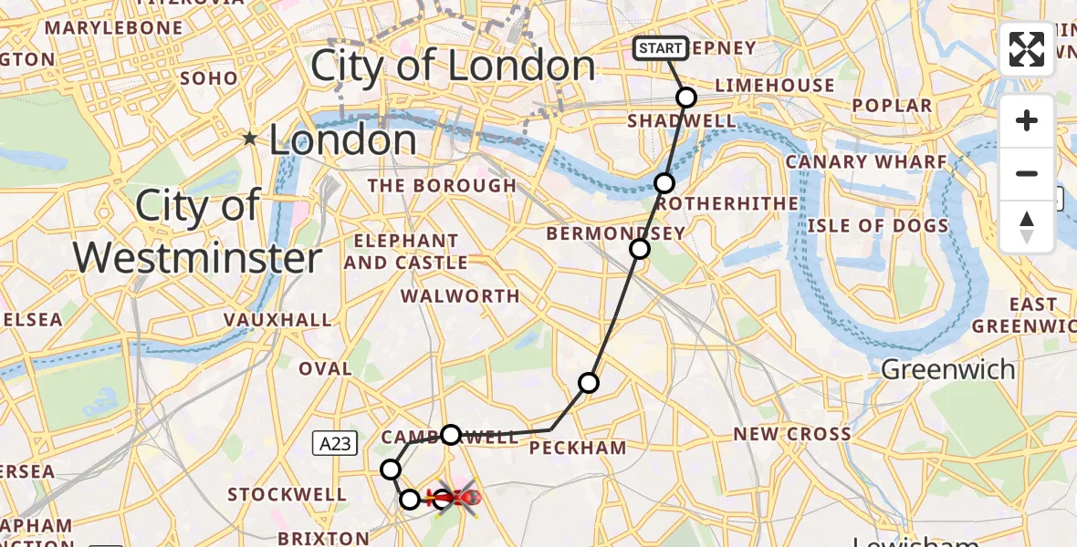 Flight route Air Ambulance Helicopter Royal London Hospital - Kings College London Hospital, 20 October 2026, 11:01