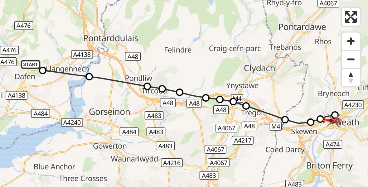 Flight route Air Ambulance Helicopter Dafen - Cadoxton-juxta-Neath, 20 October 2026, 11:01