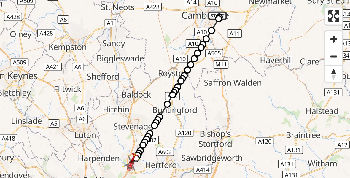 Flight route Air Ambulance Helicopter Cambridge City Airport - Welwyn Garden City, 20 October 2026, 11:41