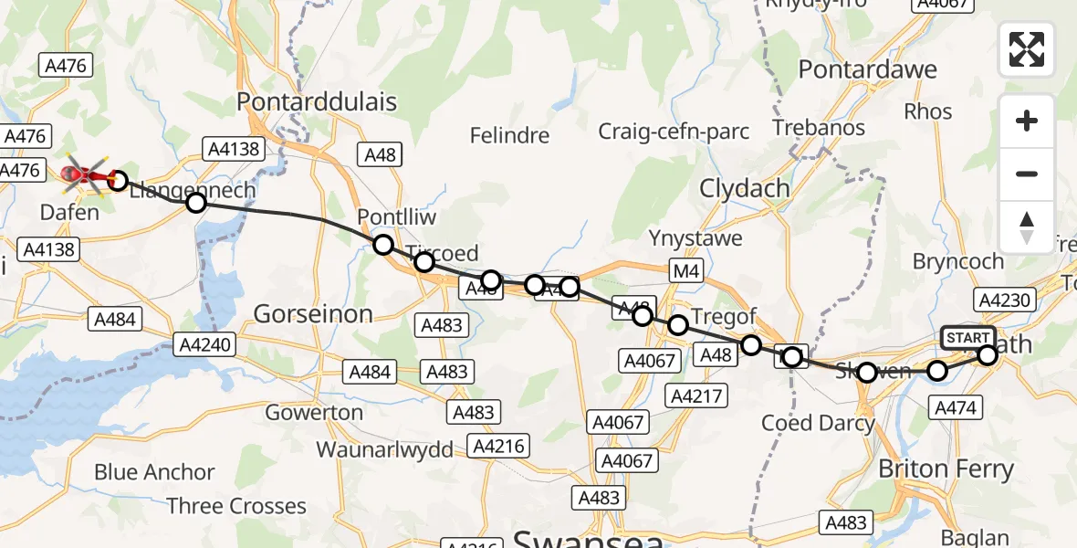 Flight route Air Ambulance Helicopter Cadoxton-juxta-Neath - Dafen, 20 October 2026, 11:49