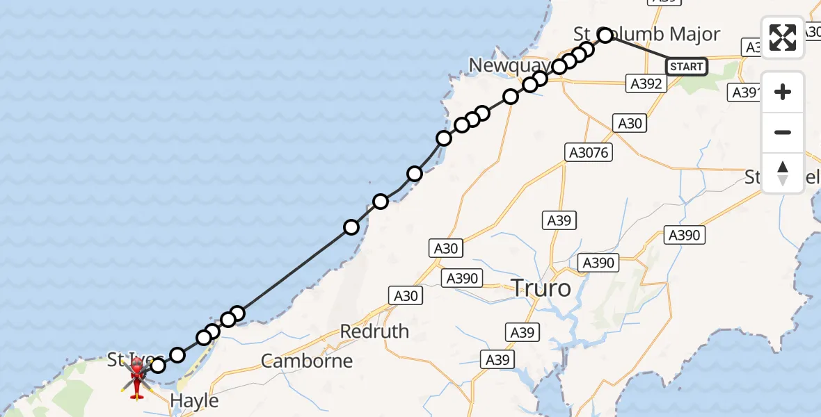 Flight route Air Ambulance Helicopter St. Columb Major - St. Ives, 20 October 2026, 12:31