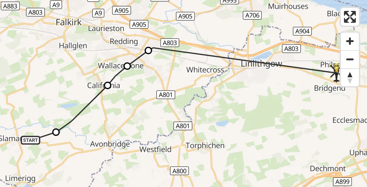 Flight route Police Helicopter Dykehead - Philpstoun, 20 October 2026, 12:33