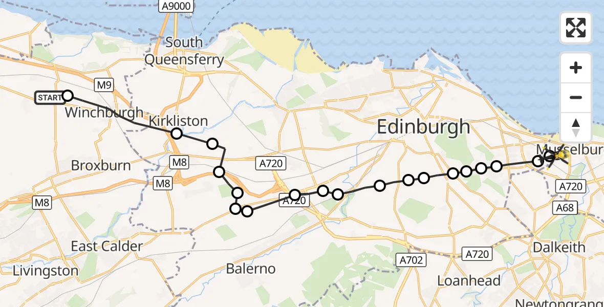 Flight route Police Helicopter Philpstoun - Musselburgh, 20 October 2026, 12:40