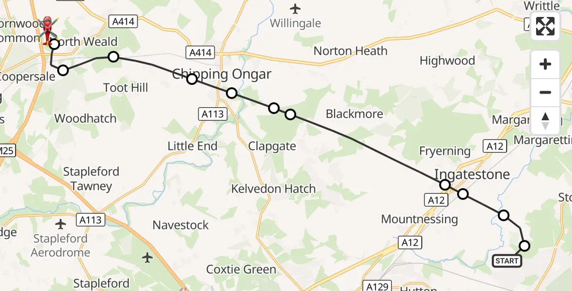 Flight route Air Ambulance Helicopter Billericay - North Weald Airfield, 20 October 2026, 12:46