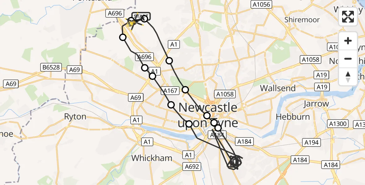 Flight route Police Helicopter Newcastle International Airport - Newcastle International Airport, 20 October 2026, 12:50