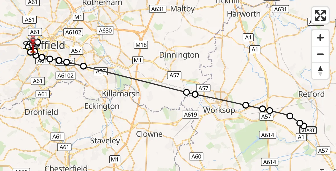 Flight route Air Ambulance Helicopter Retford Gamston Airport - Sheffield Childrens Hospital, 20 October 2026, 12:57