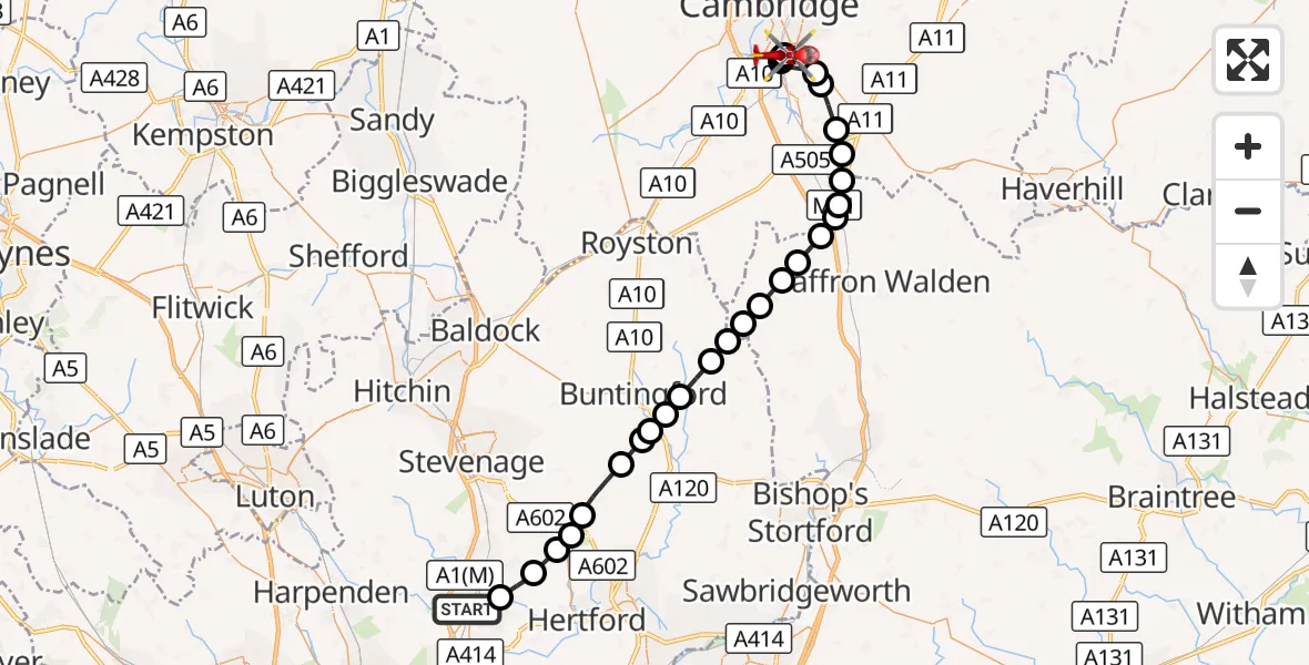 Flight route Air Ambulance Helicopter Welwyn Garden City - Papworth Hospital, 20 October 2026, 13:11