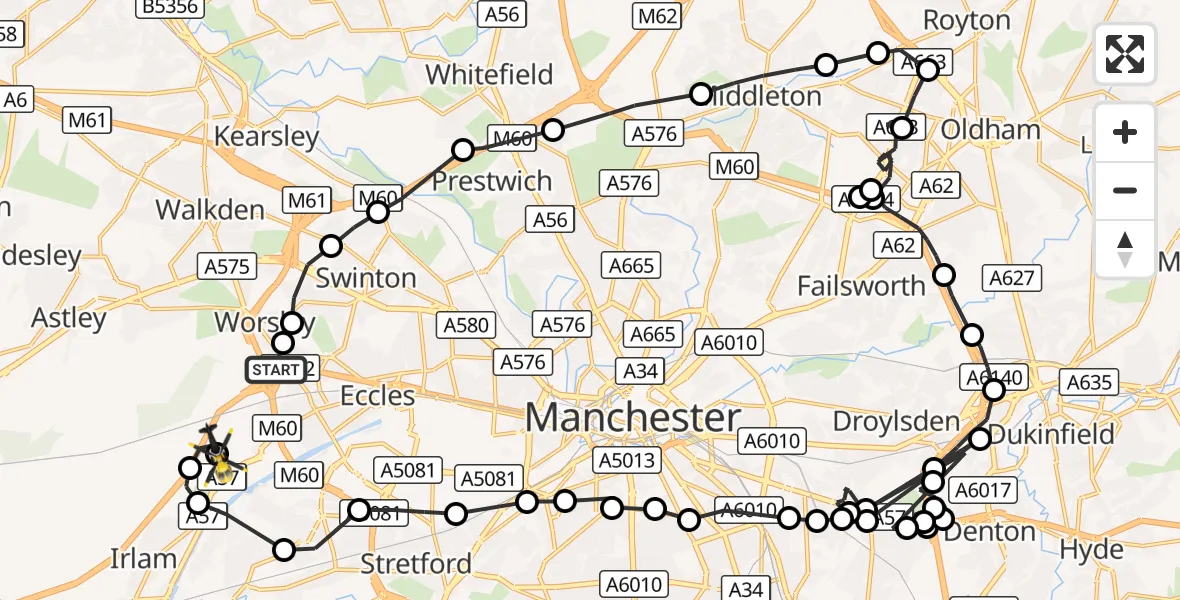Flight route Police Helicopter Worsley - Manchester Barton Aerodrome, 20 October 2026, 13:18
