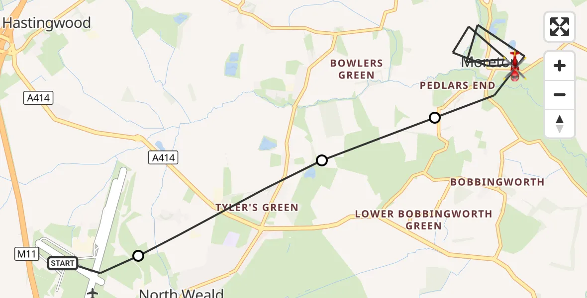 Flight route Air Ambulance Helicopter North Weald Airfield - Moreton, 20 October 2026, 13:20
