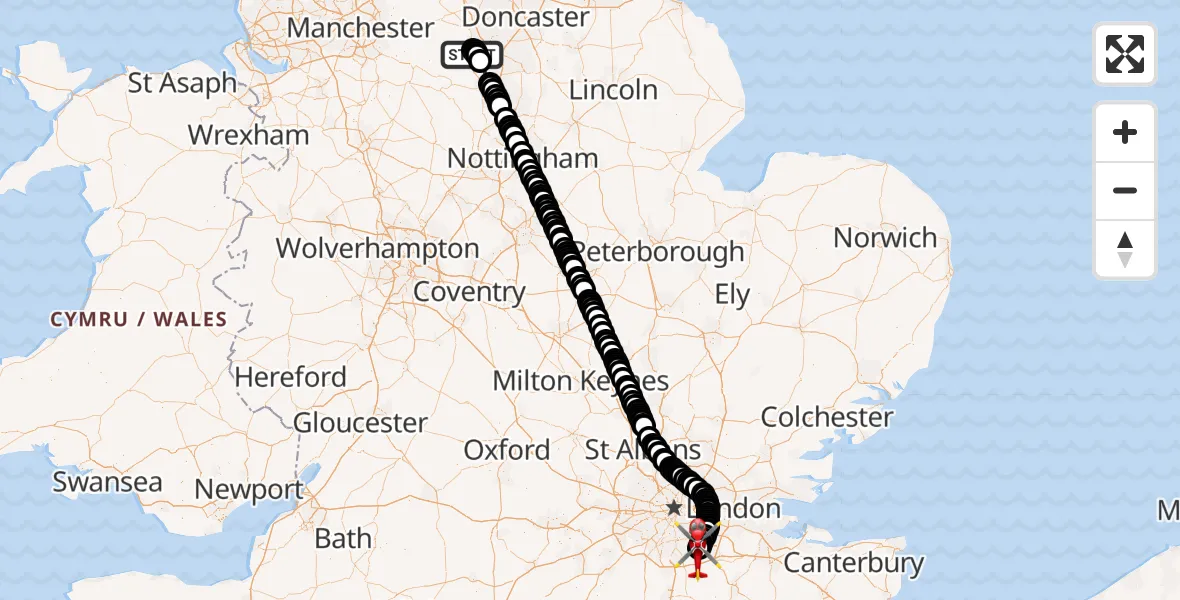 Flight route Air Ambulance Helicopter Sheffield Childrens Hospital - London Biggin Hill Airport, 20 October 2026, 13:31