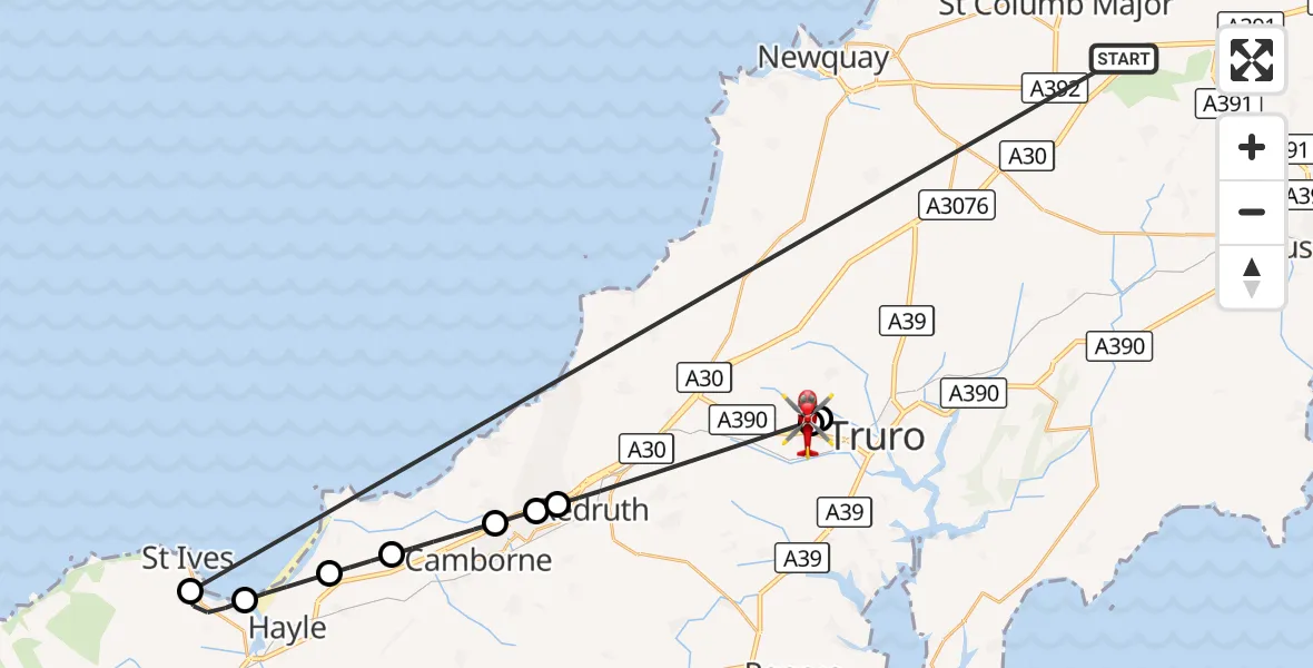 Flight route Air Ambulance Helicopter St. Columb Major - Treliske Hospital, 20 October 2026, 13:31