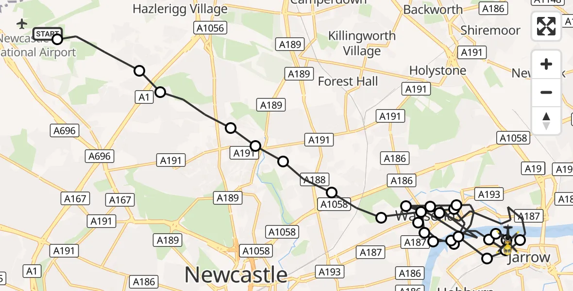 Flight route Police Helicopter Newcastle International Airport - Jarrow, 20 October 2026, 13:47