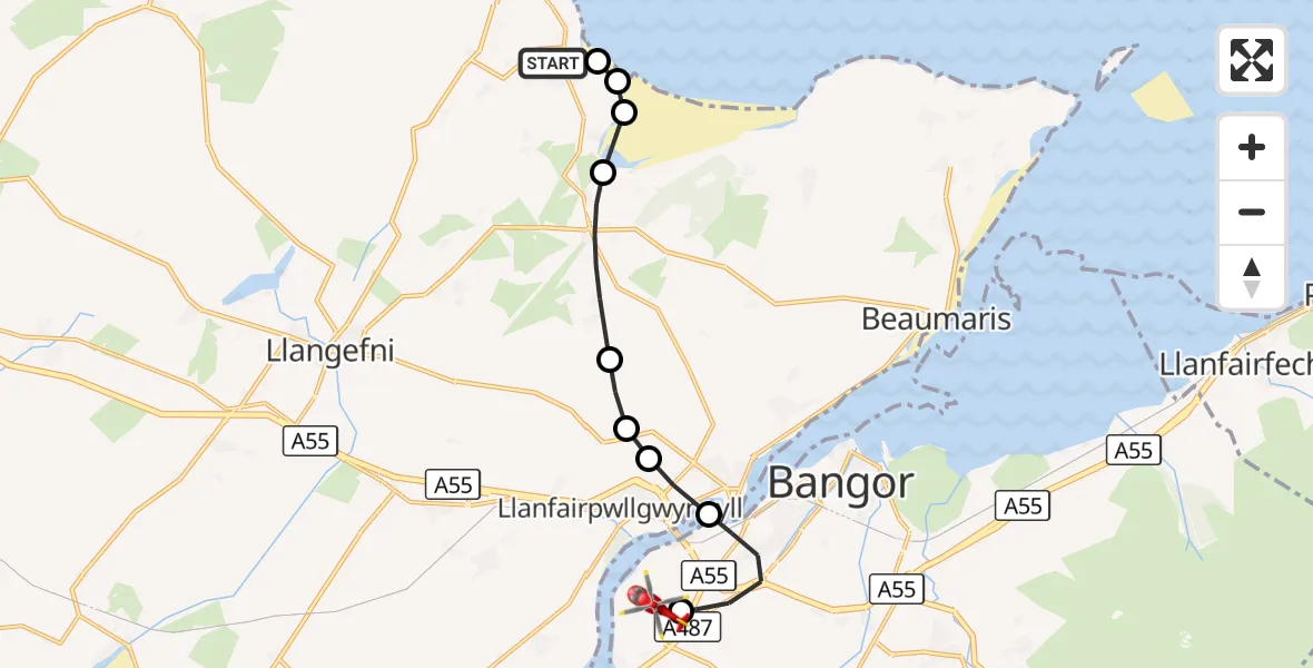 Flight route Air Ambulance Helicopter Benllech - Aber Pwll, 20 October 2026, 13:51