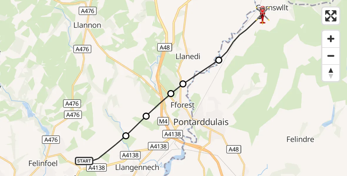 Flight route Air Ambulance Helicopter Dafen - Garnswllt, 20 October 2026, 13:58