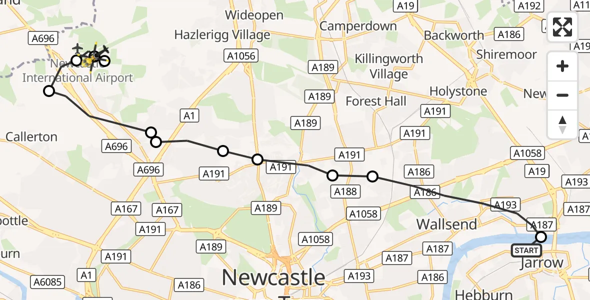 Flight route Police Helicopter Jarrow - Newcastle International Airport, 20 October 2026, 14:05