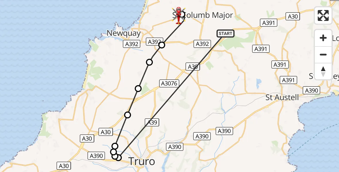 Flight route Air Ambulance Helicopter St. Columb Major - Cornwall Airport Newquay, 20 October 2026, 14:18