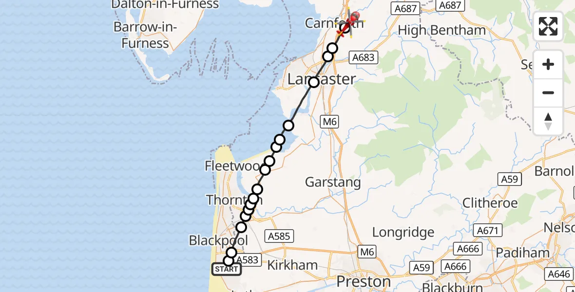 Flight route Air Ambulance Helicopter Blackpool Airport - Over Kellet, 20 October 2026, 14:37