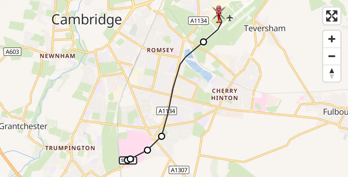 Flight route Air Ambulance Helicopter Papworth Hospital - Cambridge City Airport, 20 October 2026, 14:53