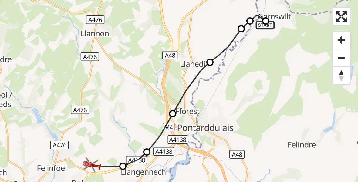 Flight route Air Ambulance Helicopter Garnswllt - Dafen, 20 October 2026, 14:55