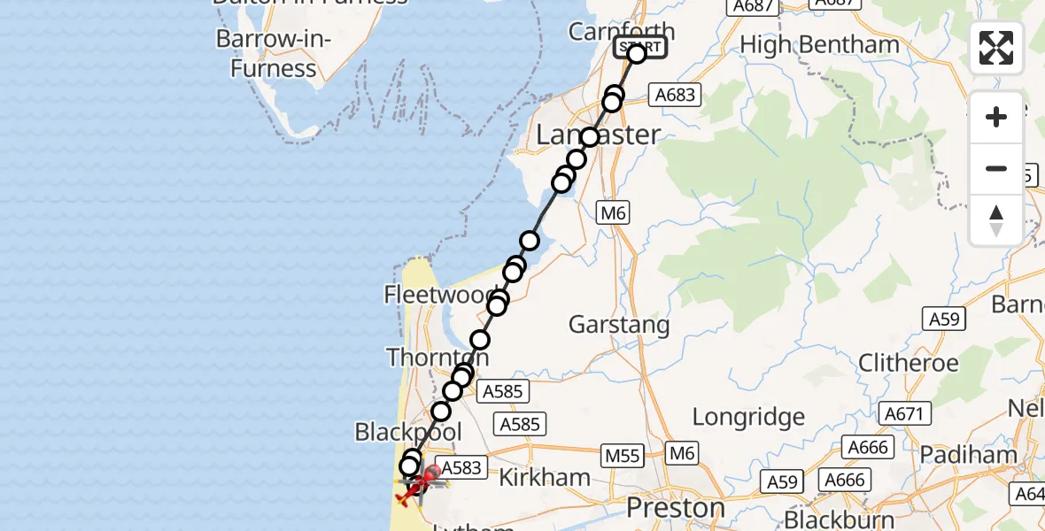 Flight route Air Ambulance Helicopter Over Kellet - Blackpool Airport, 20 October 2026, 15:17