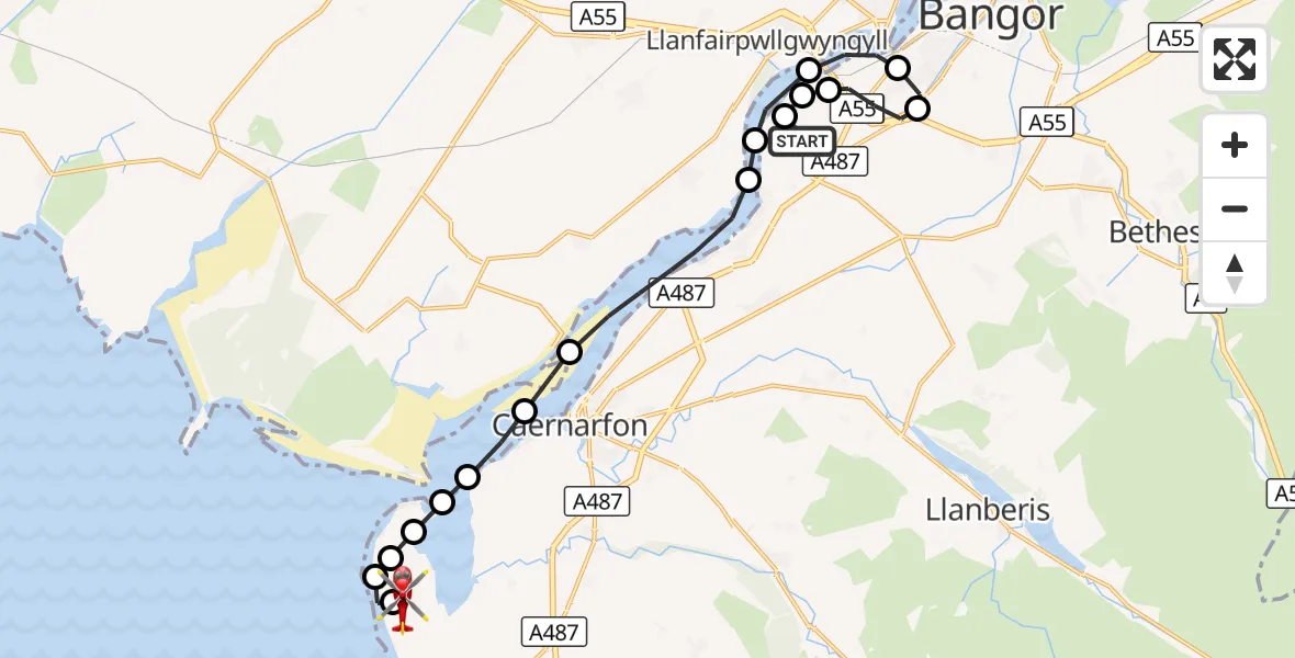 Flight route Air Ambulance Helicopter Aber Pwll - Caernarfon Airport, 20 October 2026, 15:20
