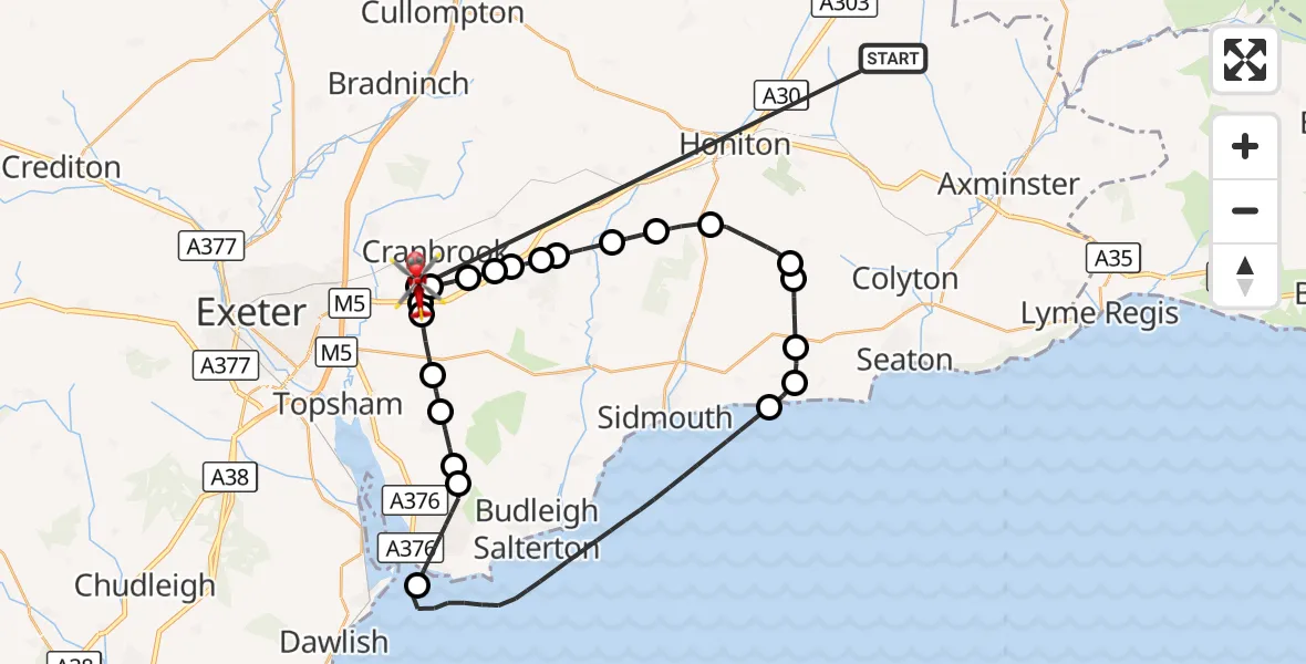 Flight route Air Ambulance Helicopter Stockland - Exeter International Airport, 20 October 2026, 15:42