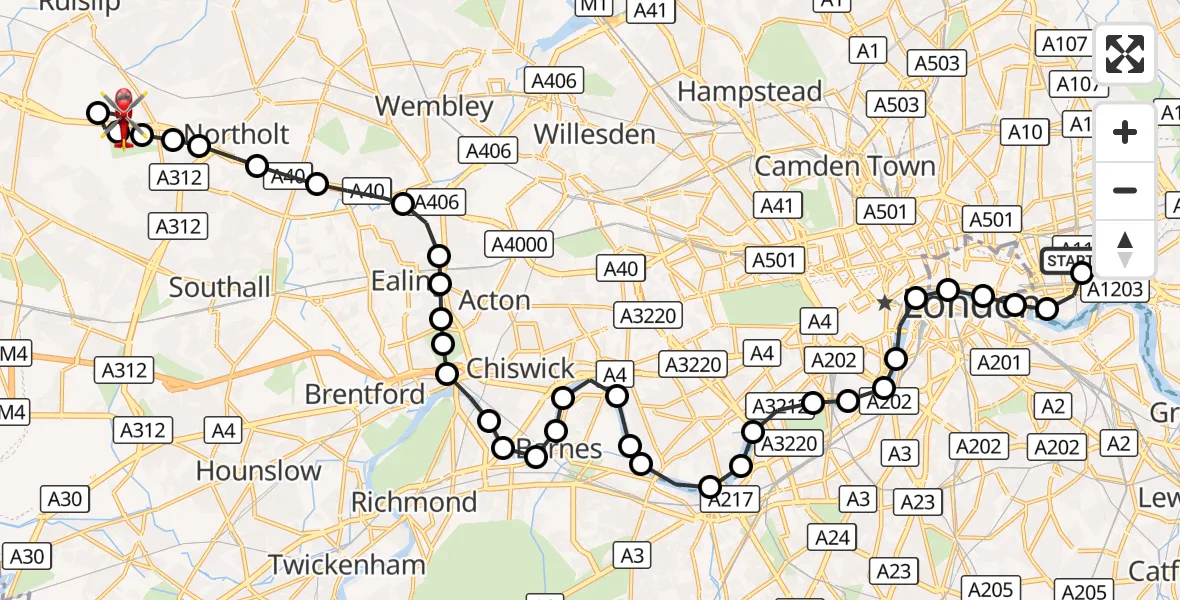 Flight route Air Ambulance Helicopter Royal London Hospital - RAF Northolt, 20 October 2026, 15:59