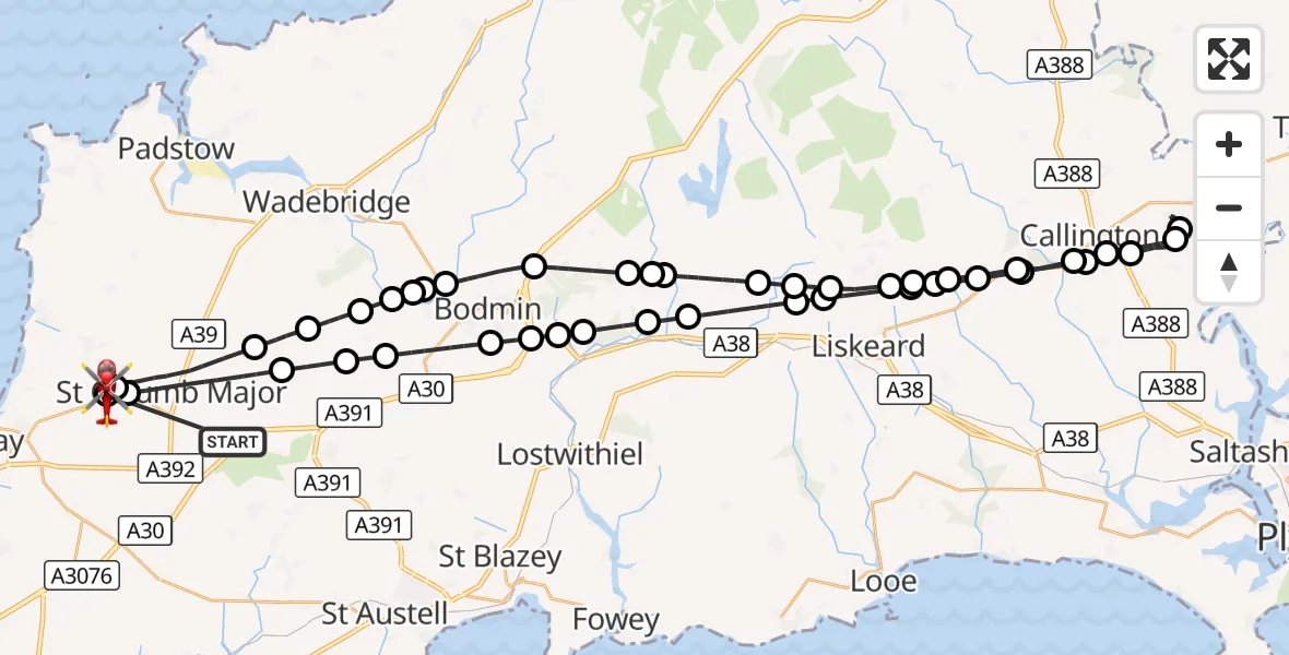 Flight route Air Ambulance Helicopter St. Columb Major - Cornwall Airport Newquay, 20 October 2026, 16:40