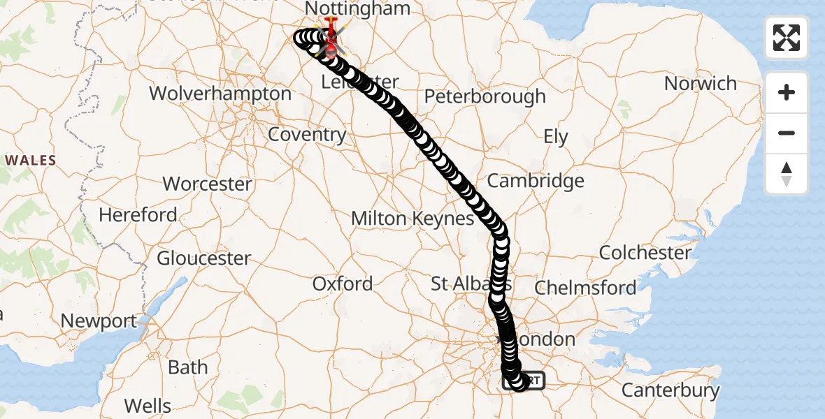 Flight route Air Ambulance Helicopter London Biggin Hill Airport - East Midlands Airport, 20 October 2026, 16:55