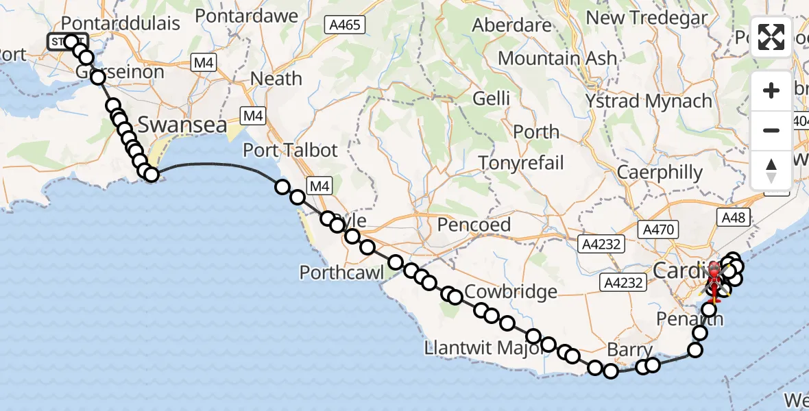 Flight route Air Ambulance Helicopter Dafen - Cardiff Heliport, 20 October 2026, 17:17