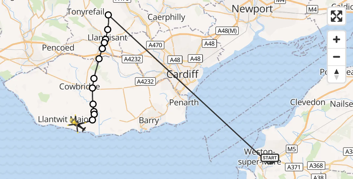 Flight route Police Helicopter Weston-super-Mare - MOD St Athan, 20 October 2026, 17:23