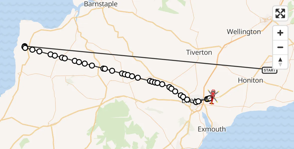 Flight route Air Ambulance Helicopter Stockland - Exeter International Airport, 20 October 2026, 17:41