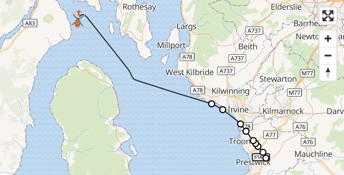 Flight route Coastguard Helicopter Glasgow Prestwick Airport - Inner Seas, 20 October 2026, 17:52