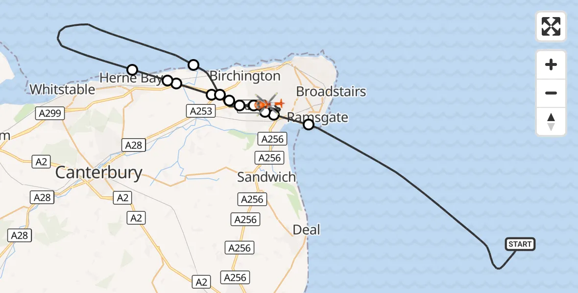 Flight route Coastguard Helicopter North Sea - Manston Airport, 20 October 2026, 18:12
