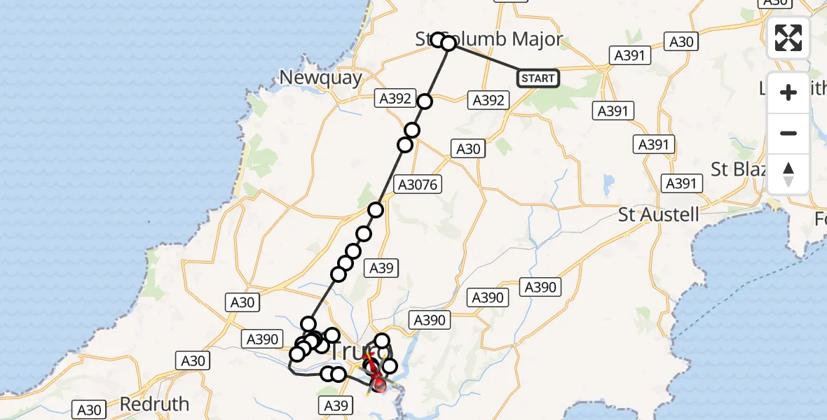 Flight route Air Ambulance Helicopter St. Columb Major - St. Clement, 20 October 2026, 18:25