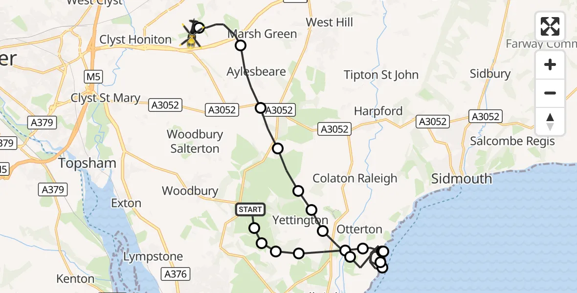 Flight route Police Helicopter Yettington - Exeter International Airport, 20 October 2026, 18:53