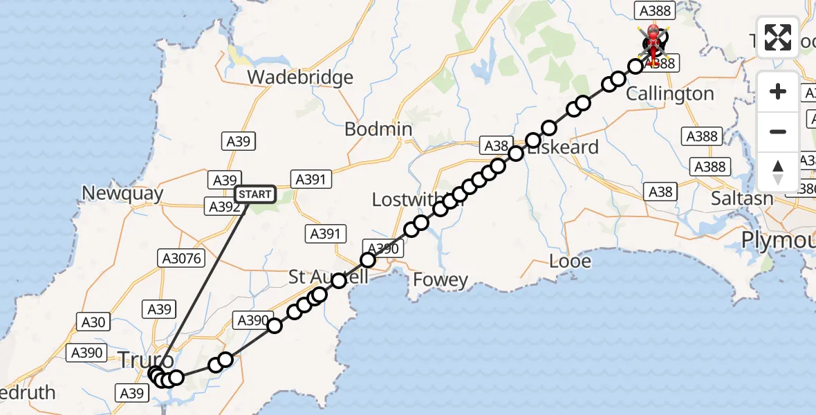 Flight route Air Ambulance Helicopter St. Columb Major - Stoke Climsland, 20 October 2026, 18:55