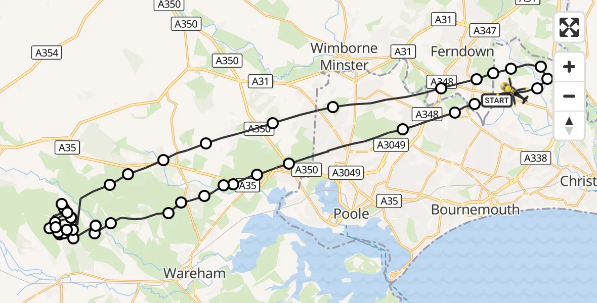 Flight route Police Helicopter Parley Cross - Bournemouth Airport, 20 October 2026, 18:56
