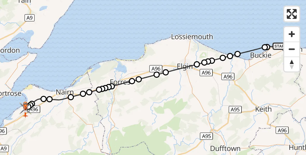 Flight route Coastguard Helicopter Findochty - Inverness Airport, 20 October 2026, 19:12