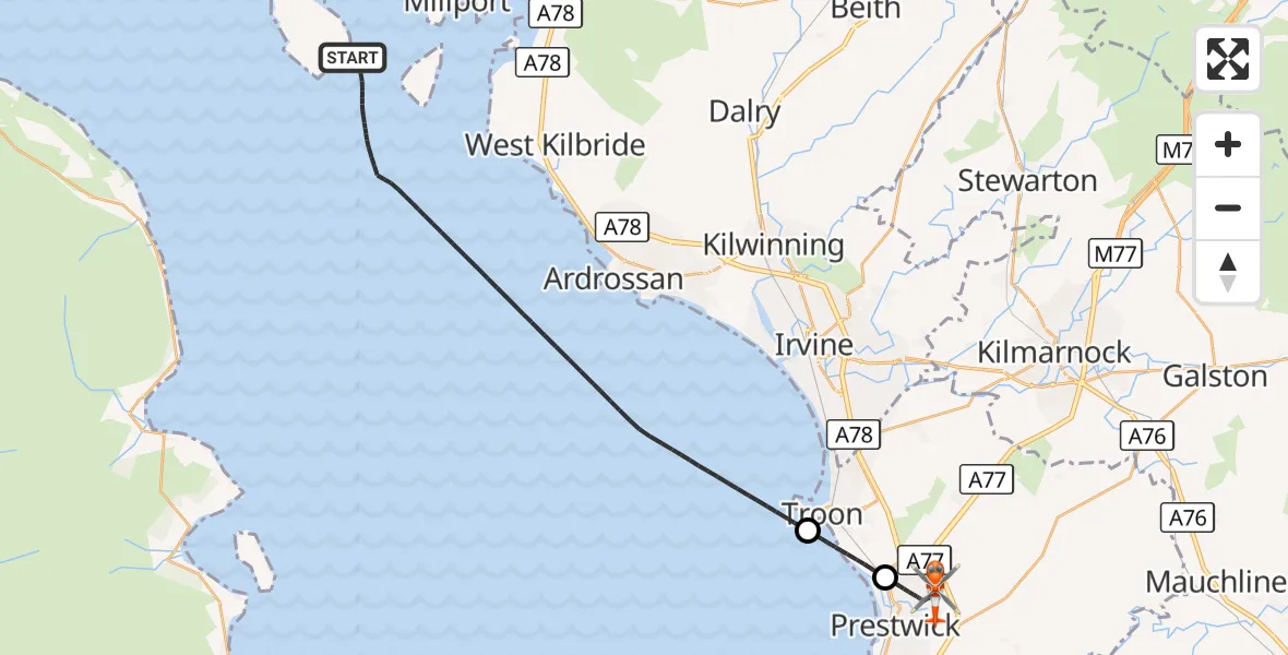 Flight route Coastguard Helicopter Inner Seas - Glasgow Prestwick Airport, 20 October 2026, 19:17