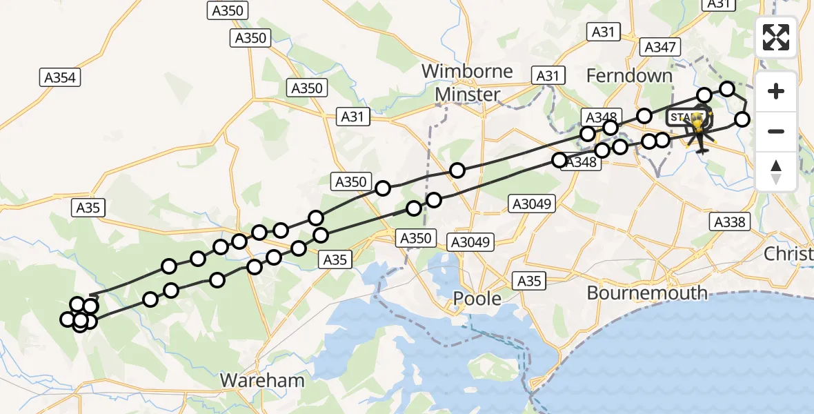 Flight route Police Helicopter Bournemouth Airport - Bournemouth Airport, 20 October 2026, 19:27