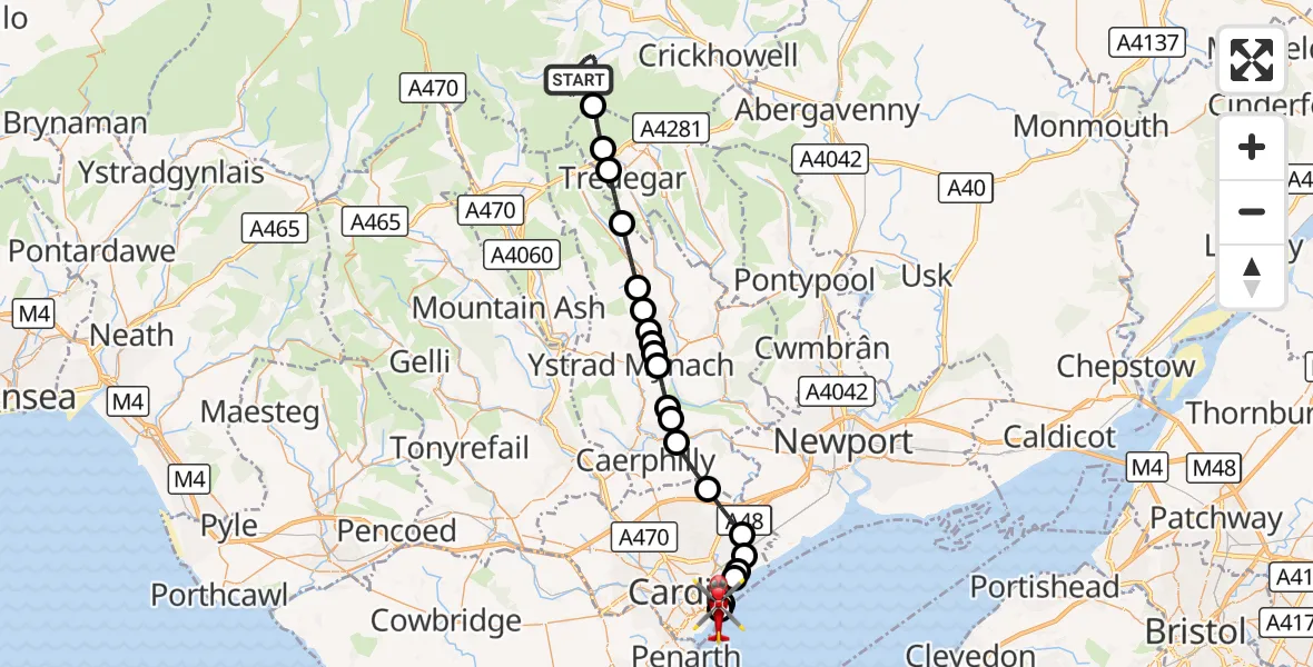 Flight route Air Ambulance Helicopter Llangynidr - Cardiff Heliport, 20 October 2026, 19:57