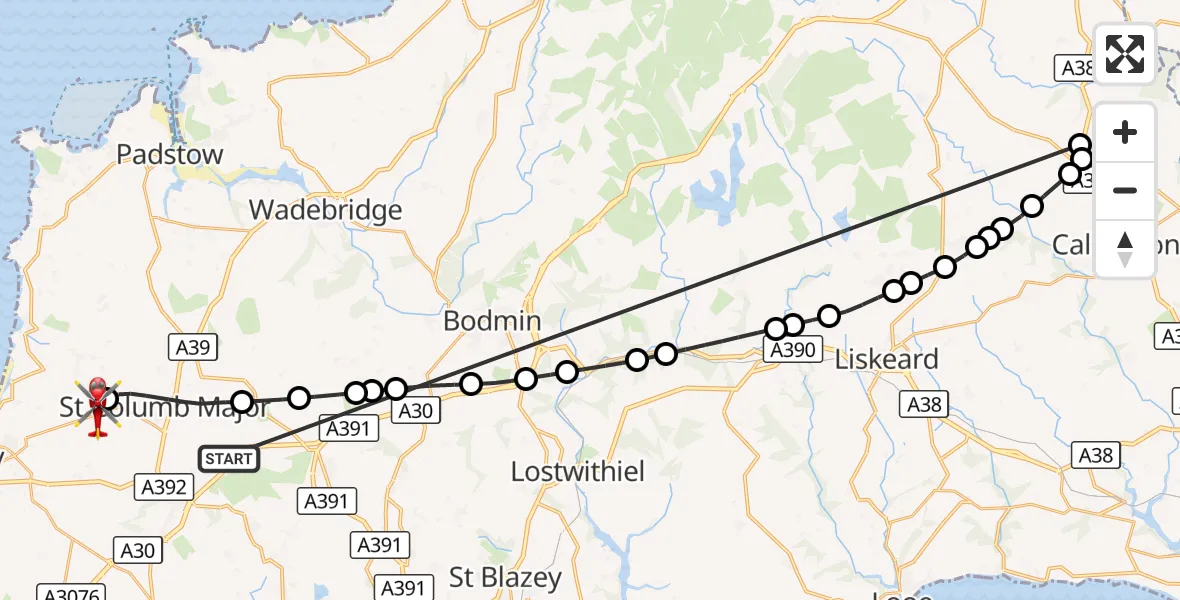 Flight route Air Ambulance Helicopter St. Columb Major - Cornwall Airport Newquay, 20 October 2026, 20:12